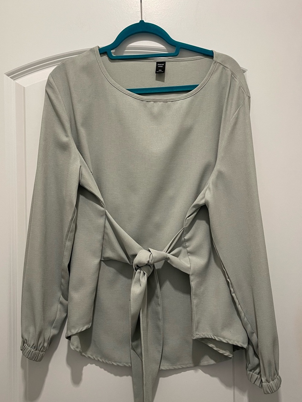 Light Sage Tie-Back Long Sleeve Blouse